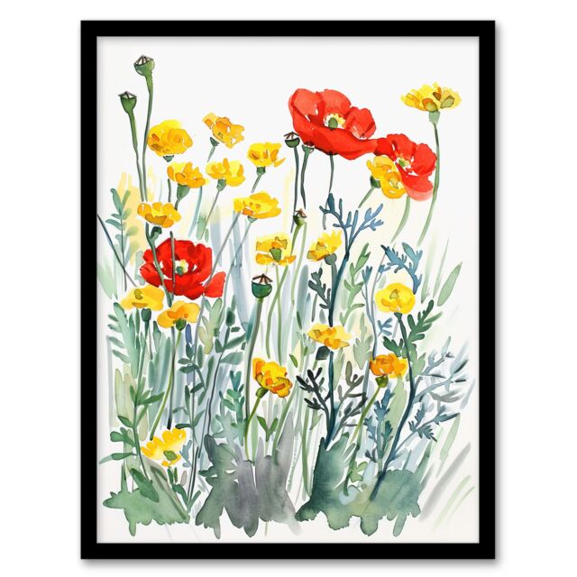 "Artery8 Red Poppies & Yellow Marigolds Wildflower Field Framed Art Print - Size: W12"" x H16""" - image 1