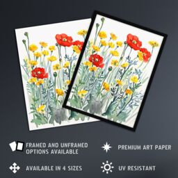 "Artery8 Red Poppies & Yellow Marigolds Wildflower Field Framed Art Print - Size: W12"" x H16""" - thumbnail 2