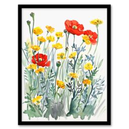 "Artery8 Red Poppies & Yellow Marigolds Wildflower Field Framed Art Print - Size: W12"" x H16""" - thumbnail 1