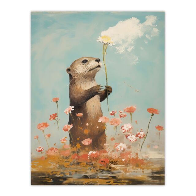 "Artery8 The Otters Gift Artwork Floral Watercolour Crimson & Blue Unframed Wall Art Print Poster Home Decor Premium - Size: W12"" x H16""" - image 1