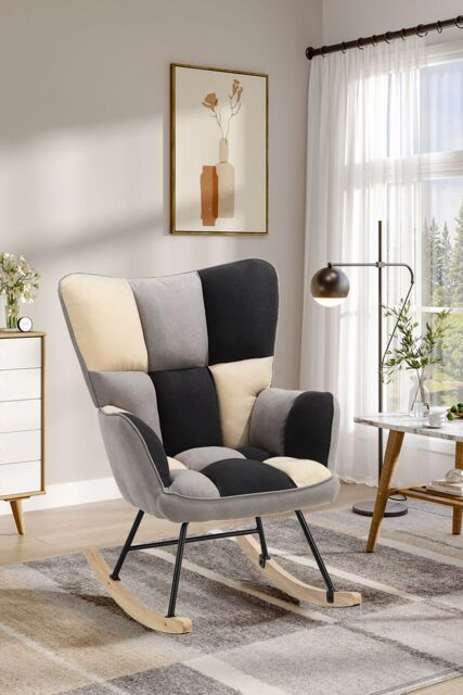 Living and Home Beige Grey Black Check Tufted Linen Patchwork Rocking Chair - image 1