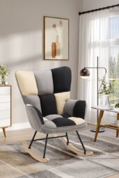 Living and Home Beige Grey Black Check Tufted Linen Patchwork Rocking Chair