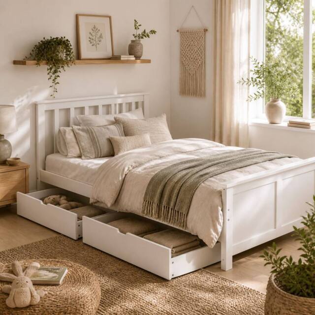 Wyld Haus Sutton White Wooden Single Bed Frame with 2 Underbed Storage Drawers - image 1