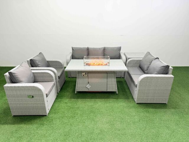 Fimous PE Rattan Garden Furniture Set Reclining Chair Sofa Double Love Seat 2 Seater Sofa Lounge Set Firepit Dining Table Side Table Light Grey - image 1