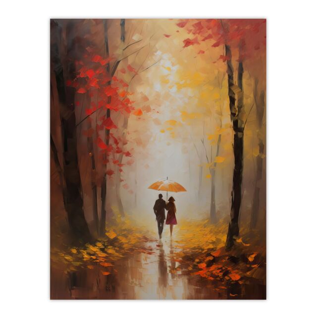 "Artery8 Wall Art Print Romantic Stroll Oil Painting Orange Red Autumn Forest Landscape Bedroom Art Poster - Size: W24"" x H32""" - image 1
