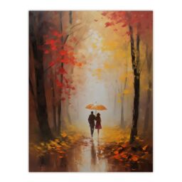 "Artery8 Wall Art Print Romantic Stroll Oil Painting Orange Red Autumn Forest Landscape Bedroom Art Poster - Size: W24"" x H32""" - thumbnail 1