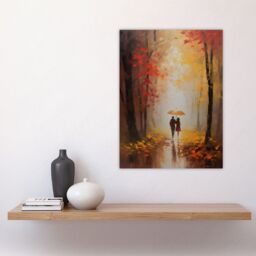 "Artery8 Wall Art Print Romantic Stroll Oil Painting Orange Red Autumn Forest Landscape Bedroom Art Poster - Size: W24"" x H32""" - thumbnail 4