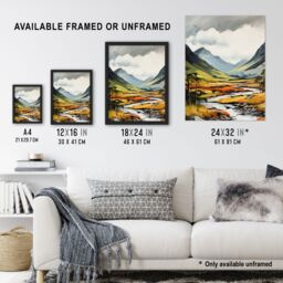 "Artery8 Glencoe Valley Oil Painting Scotland Majestic Mountain Range & River Coe Extra Large XL Unframed Wall Art Poster Print - Size: W24"" x H32""" - thumbnail 3