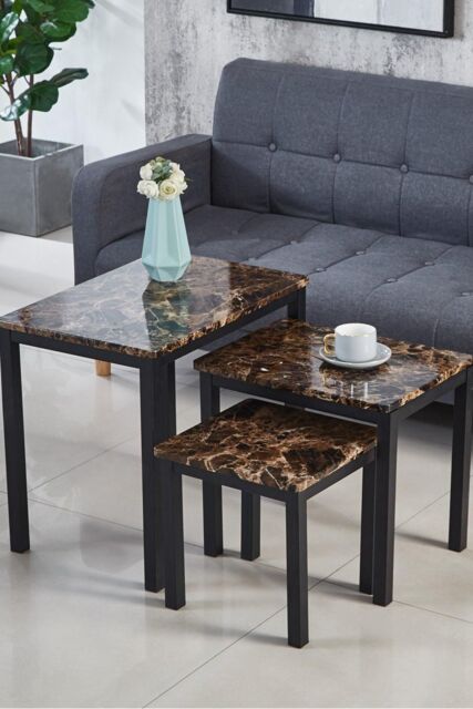 Modernique Gloss Finish MDF Marble Effect Top Nest of 3 Table Sets in Brown