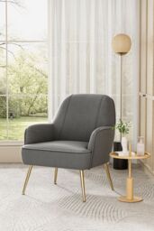 Living and Home Contemporary Upholstered Grey Velvet Armchair with Gold-Plated Feet - thumbnail 2