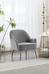 Living and Home Contemporary Upholstered Grey Velvet Armchair with Gold-Plated Feet
