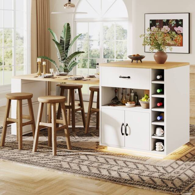 Merax Extendable Kitchen Island Breakfast Dining Table with Wine Rack in White - image 1