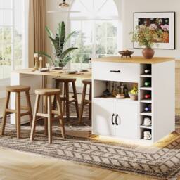 Merax Extendable Kitchen Island Breakfast Dining Table with Wine Rack in White - thumbnail 1