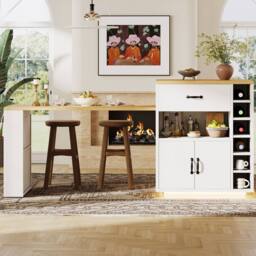 Merax Extendable Kitchen Island Breakfast Dining Table with Wine Rack in White - thumbnail 5