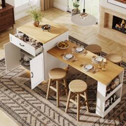 Merax Extendable Kitchen Island Breakfast Dining Table with Wine Rack in White - thumbnail 2