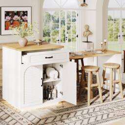 Merax Extendable Kitchen Island Breakfast Dining Table with Wine Rack in White - thumbnail 6