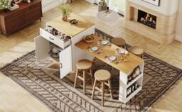 Merax Extendable Kitchen Island Breakfast Dining Table with Wine Rack in White - thumbnail 7