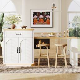 Merax Extendable Kitchen Island Breakfast Dining Table with Wine Rack in White - thumbnail 3