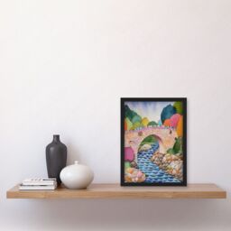 Artery8 Modern Folk Art Countryside Bridge Artwork Framed Wall Art Print A4 in Black - thumbnail 2