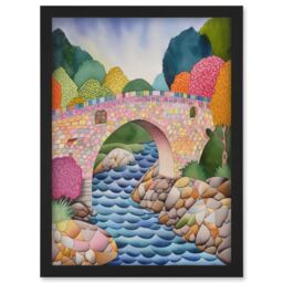 Artery8 Modern Folk Art Countryside Bridge Artwork Framed Wall Art Print A4 in Black - thumbnail 1