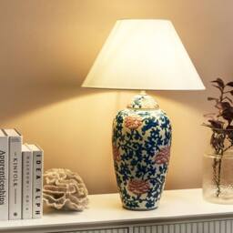 Wyld and Coco Porcelain Table Lamp - Blue Floral Base Linen Shade 65cm in White