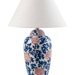 Wyld and Coco Porcelain Table Lamp - Blue Floral Base Linen Shade 65cm in White - thumbnail 2