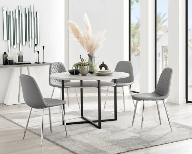FurnitureboxUK Adley Grey Concrete Effect Round Dining Table & 4 Corona Silver Chairs - image 1