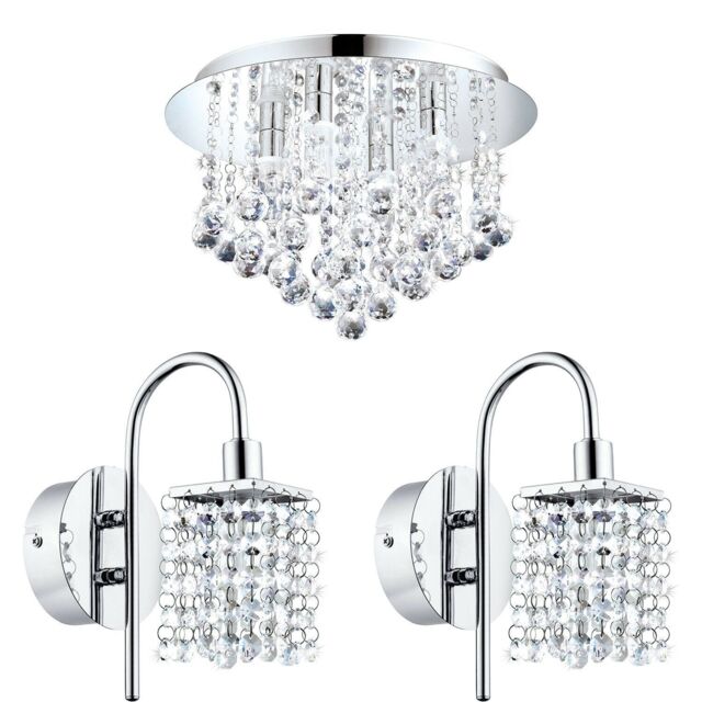 Loops Low Ceiling Light & 2x Matching Wall Lights Chrome & Crystal IP44 Bathroom Lamp - image 1