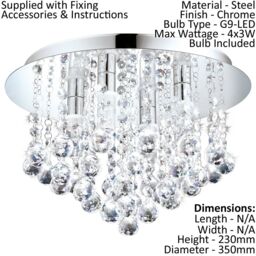 Loops Low Ceiling Light & 2x Matching Wall Lights Chrome & Crystal IP44 Bathroom Lamp - thumbnail 2