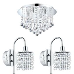 Loops Low Ceiling Light & 2x Matching Wall Lights Chrome & Crystal IP44 Bathroom Lamp - thumbnail 1
