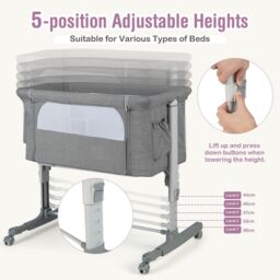 Costway 3-in-1 Baby Bedside Bassinet Crib Height-adjustable Infant Newborn Cot Bed in Grey - thumbnail 6