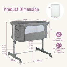 Costway 3-in-1 Baby Bedside Bassinet Crib Height-adjustable Infant Newborn Cot Bed in Grey - thumbnail 2