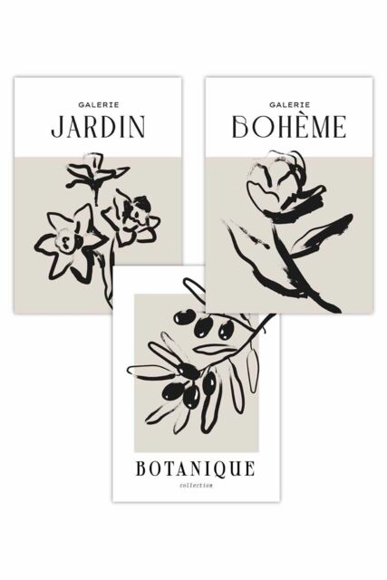 ARTZE Set of 3 Minimalist Sketch Leaves Flowers Beige & Black Art Posters - Size: W50 cm x H70 cm - image 1