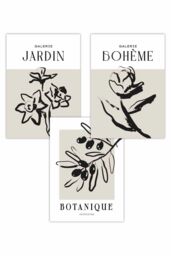 ARTZE Set of 3 Minimalist Sketch Leaves Flowers Beige & Black Art Posters - Size: W50 cm x H70 cm - thumbnail 1