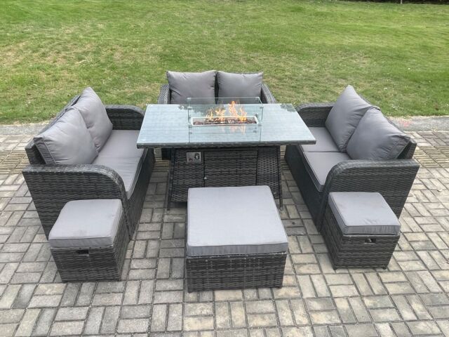 Fimous 9 Seater Outdoor Rattan Furniture Garden Dining Set Gas Fire Pit Table with Love Sofa 3 Footstools Dark Grey Mixed - image 1