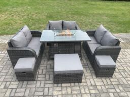 Fimous 9 Seater Outdoor Rattan Furniture Garden Dining Set Gas Fire Pit Table with Love Sofa 3 Footstools Dark Grey Mixed - thumbnail 1