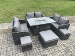 Fimous 9 Seater Outdoor Rattan Furniture Garden Dining Set Gas Fire Pit Table with Love Sofa 3 Footstools Dark Grey Mixed - thumbnail 3