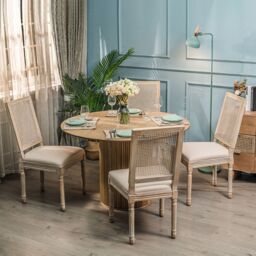 Nordlys Set of 2 Classic Dining Room Chairs Wood Cane Rattan Fabric in Beige - thumbnail 3