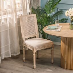 Nordlys Set of 2 Classic Dining Room Chairs Wood Cane Rattan Fabric in Beige - thumbnail 2