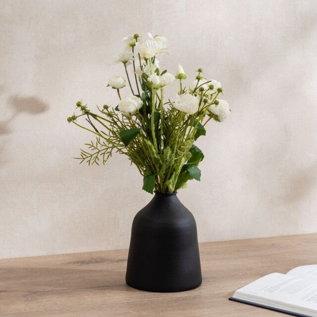 Scottish Everlastings Ltd 45cm White Poppy, Rose & Cosmo Bouquet in 18.5cm Black Vase - image 1
