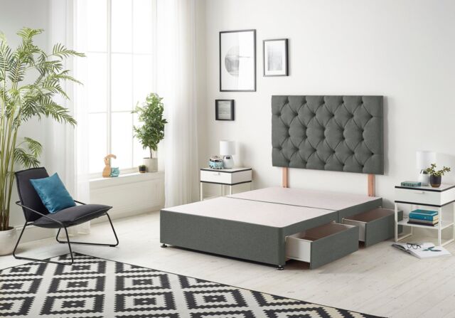 Somnior Premier Divan Bed Base With 4 Drawers & Headboard Linen in Dark Grey - Size: Small Double - image 1