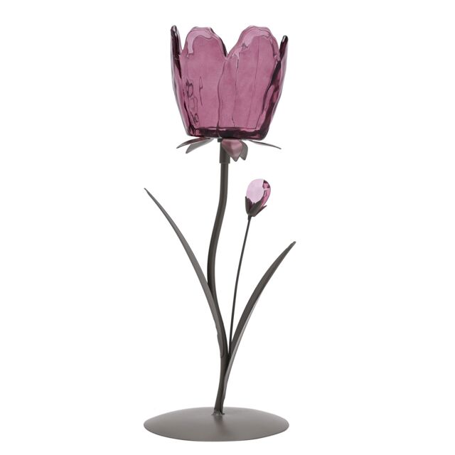 Hestia Single Stem Candle Holder With Plum Glass On Taupe Base in Grey - image 1