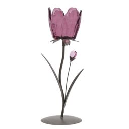 Hestia Single Stem Candle Holder With Plum Glass On Taupe Base in Grey - thumbnail 1