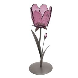 Hestia Single Stem Candle Holder With Plum Glass On Taupe Base in Grey - thumbnail 2