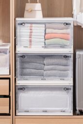Living and Home 3 Pack Collapsible Storage Box Medium Stackable Clear Plastic Storage Box Organizer in White