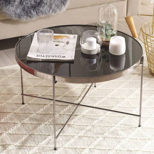 Wyld and Coco Round Coffee Table - Black Tempered Glass Top Silver Metal Legs 63cm - image 1