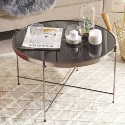 Wyld and Coco Round Coffee Table - Black Tempered Glass Top Silver Metal Legs 63cm - thumbnail 1
