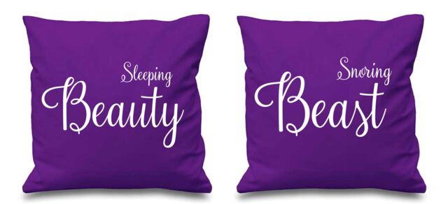 "60 SECOND MAKEOVER Sleeping Beauty Snoring Beast Purple Cushion Covers 16"" x 16"" Couples Cushions Valentines Anniversary Boyfriend"