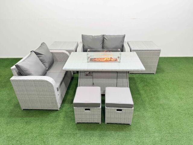 Fimous 6 Seater Outdoor Love Sofa Set Rattan Garden Furniture Set with Firepit Dining Table 2 Small Stools 2 Side Tables Light Grey - image 1