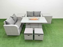 Fimous 6 Seater Outdoor Love Sofa Set Rattan Garden Furniture Set with Firepit Dining Table 2 Small Stools 2 Side Tables Light Grey - thumbnail 2